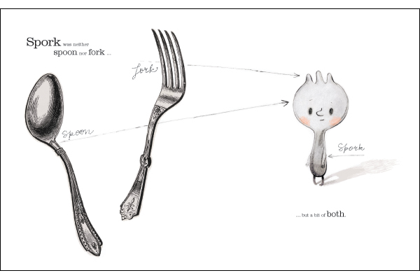 Artwork for Spork by  Isabelle Arsenault (Image sourced from "Books my boys love": http://booksmyboyslove.wordpress.com/2012/04/20/spork-by-kyo-maclear)