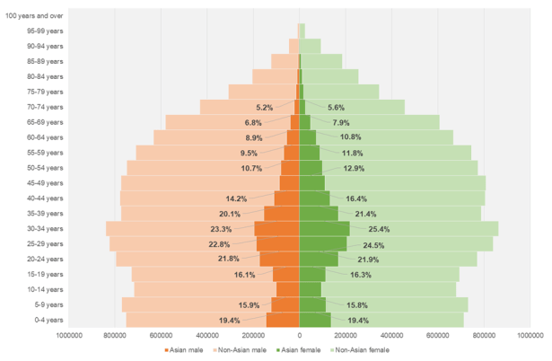 Figure 1: Age and gender distribution of residents from Asian ancestry, as a proportion of the overall population 2016 [Figure by Jen Tsen Kwok]