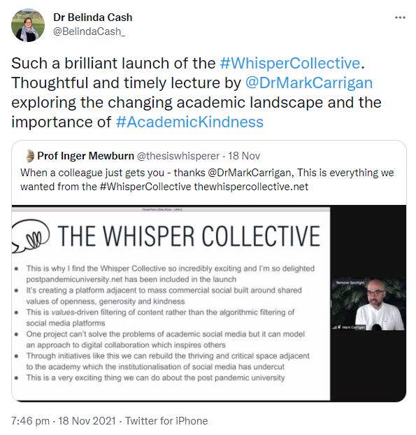 Screenshot of @BelindaCash_ quote-tweeting @thesiswhisperer livetweeting Mark Carrigan's talk.